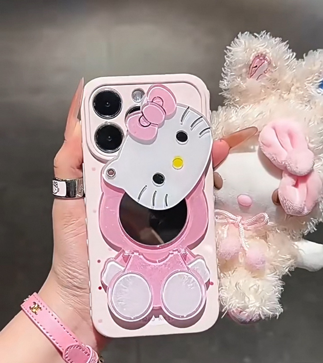 Pink, Sanrio Kitty, super cute, mirror, stand, phone case