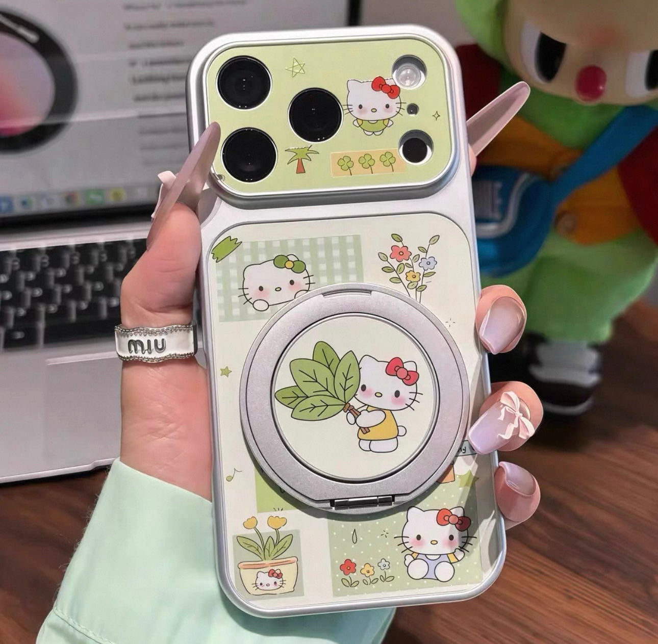 Green, Sanrio Kitty, phone case with stand