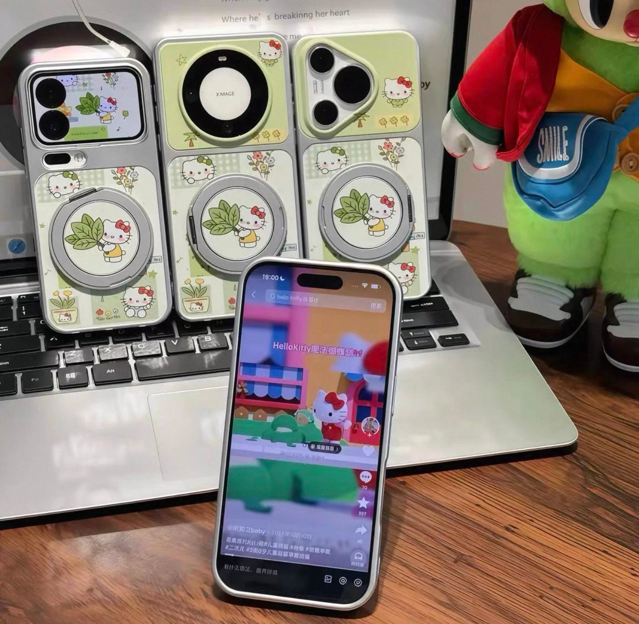 Green, Sanrio Kitty, phone case with stand