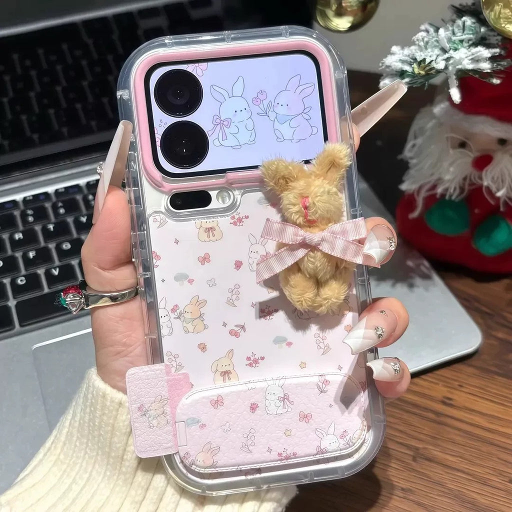 Pink, fluffy bunny, mirror, stand, phone case
