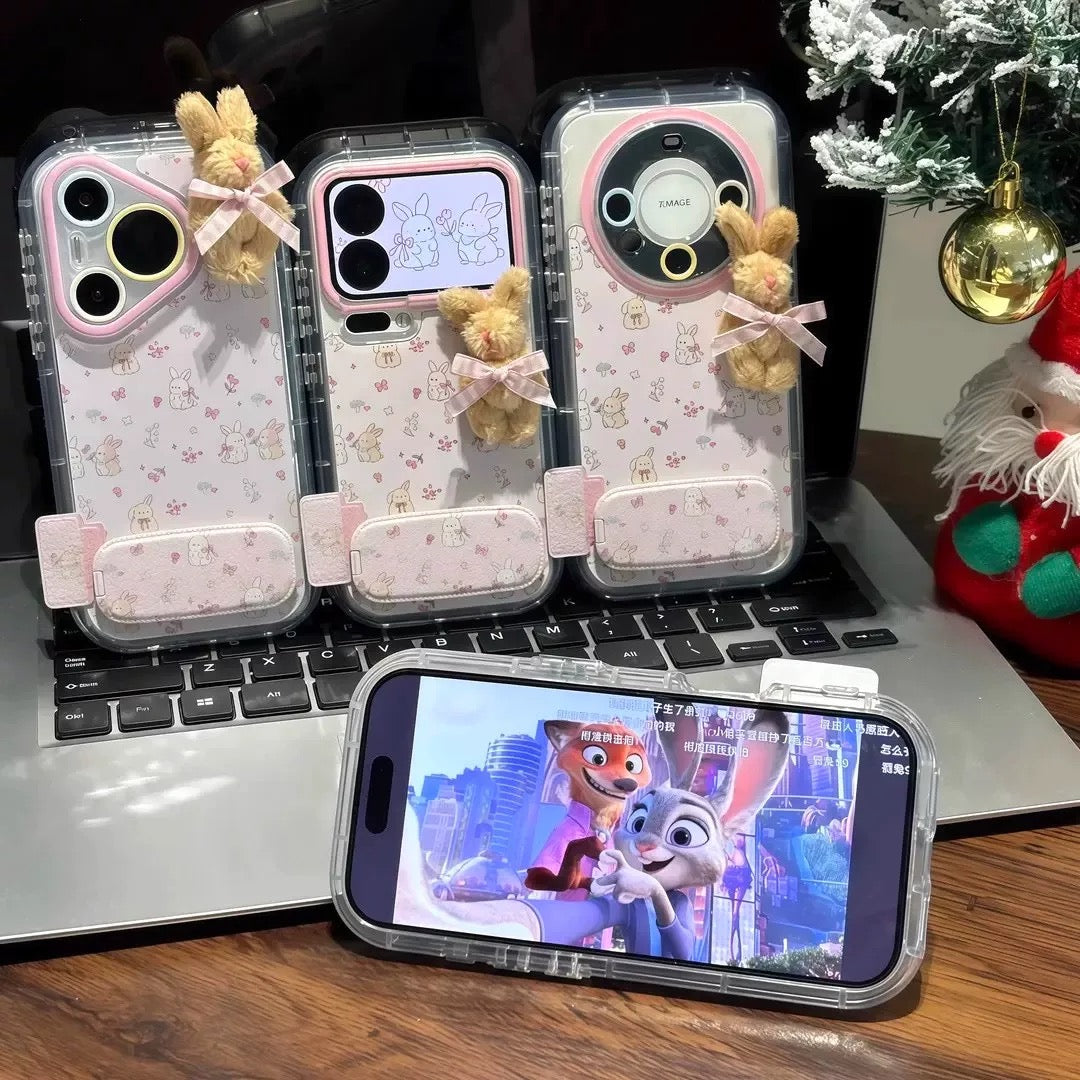 Pink, fluffy bunny, mirror, stand, phone case