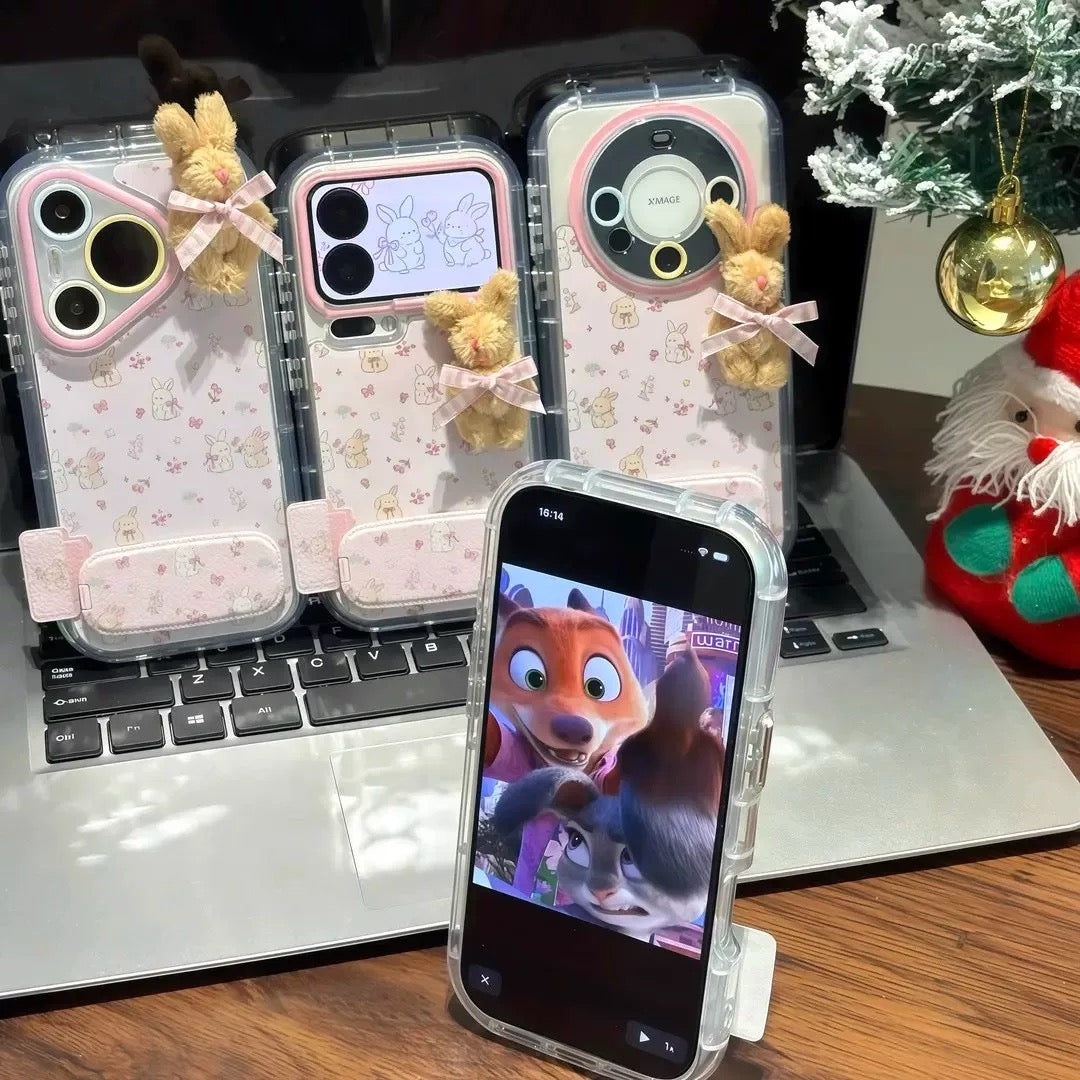 Pink, fluffy bunny, mirror, stand, phone case