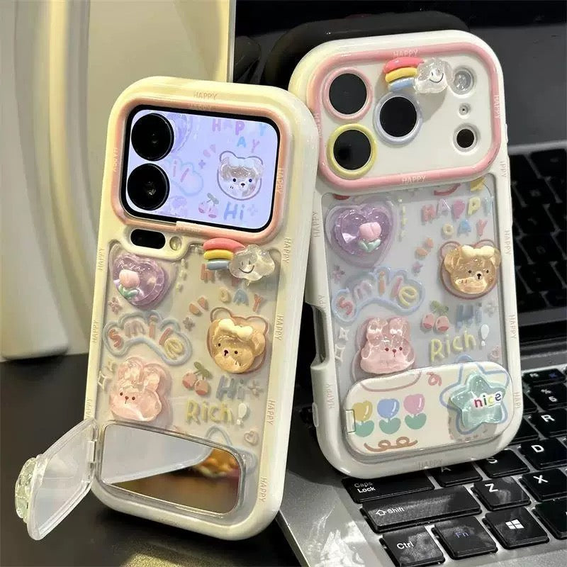 Cream white, cute, teddy bears and rabbits, mirror, stand, phone case