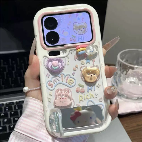 Cream white, cute, teddy bears and rabbits, mirror, stand, phone case