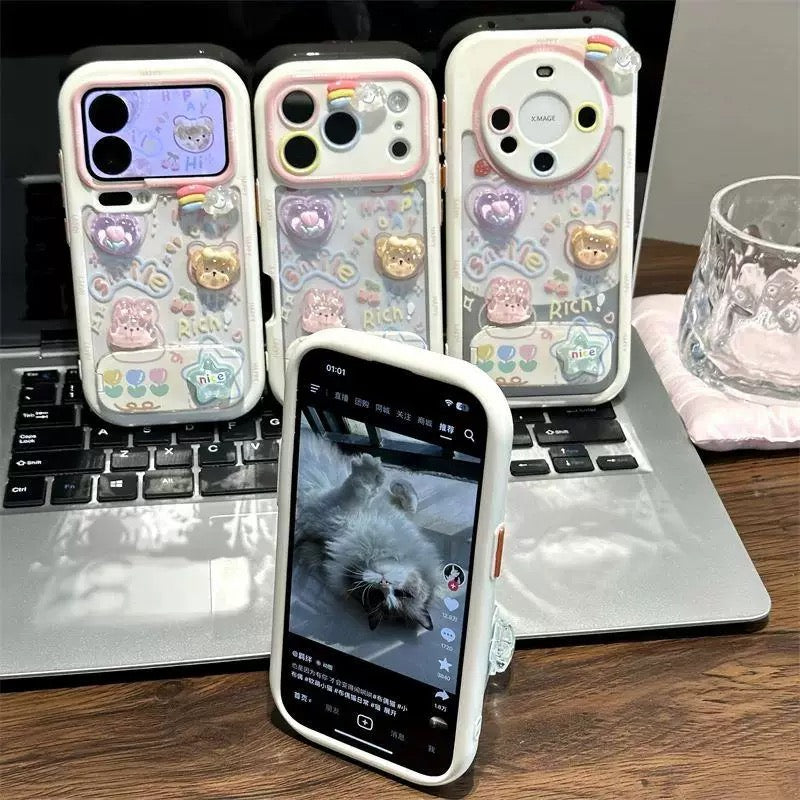 Cream white, cute, teddy bears and rabbits, mirror, stand, phone case
