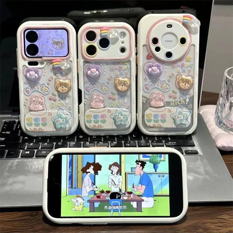 Cream white, cute, teddy bears and rabbits, mirror, stand, phone case