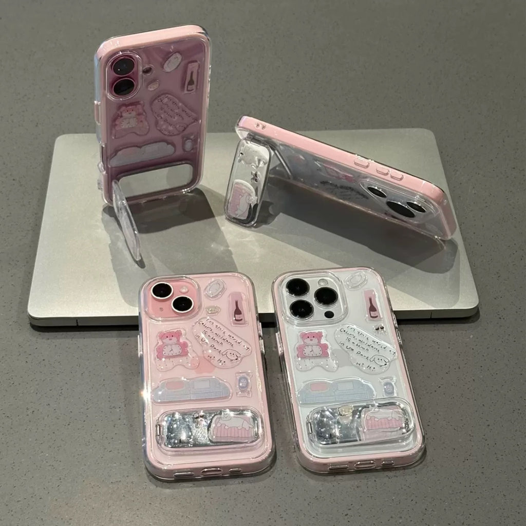 Transparent, cute teddy bear, mirror, stand, phone case
