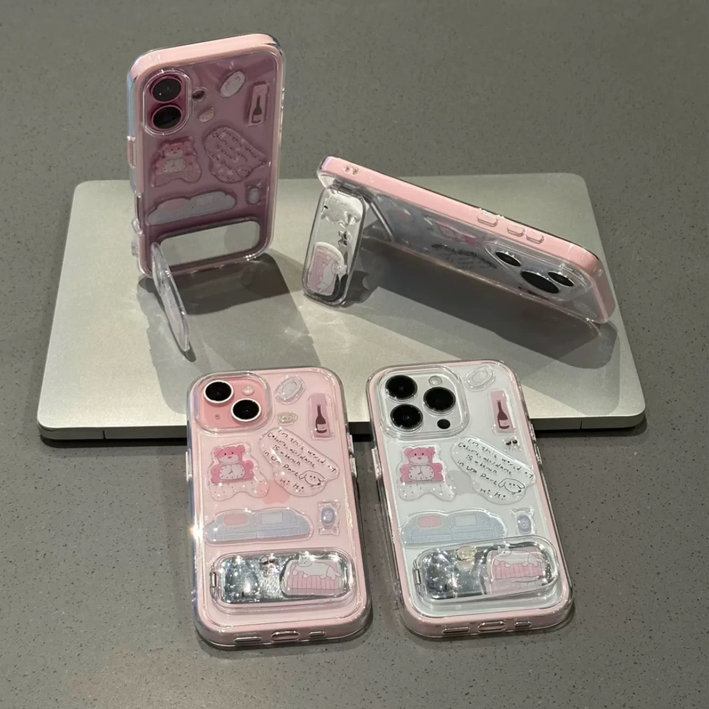 Transparent, cute teddy bear, mirror, stand, phone case