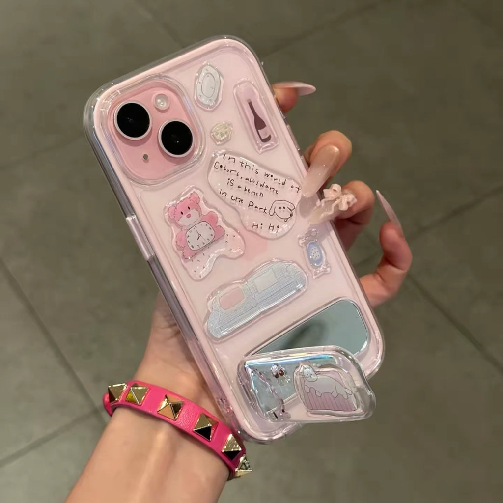 Transparent, cute teddy bear, mirror, stand, phone case