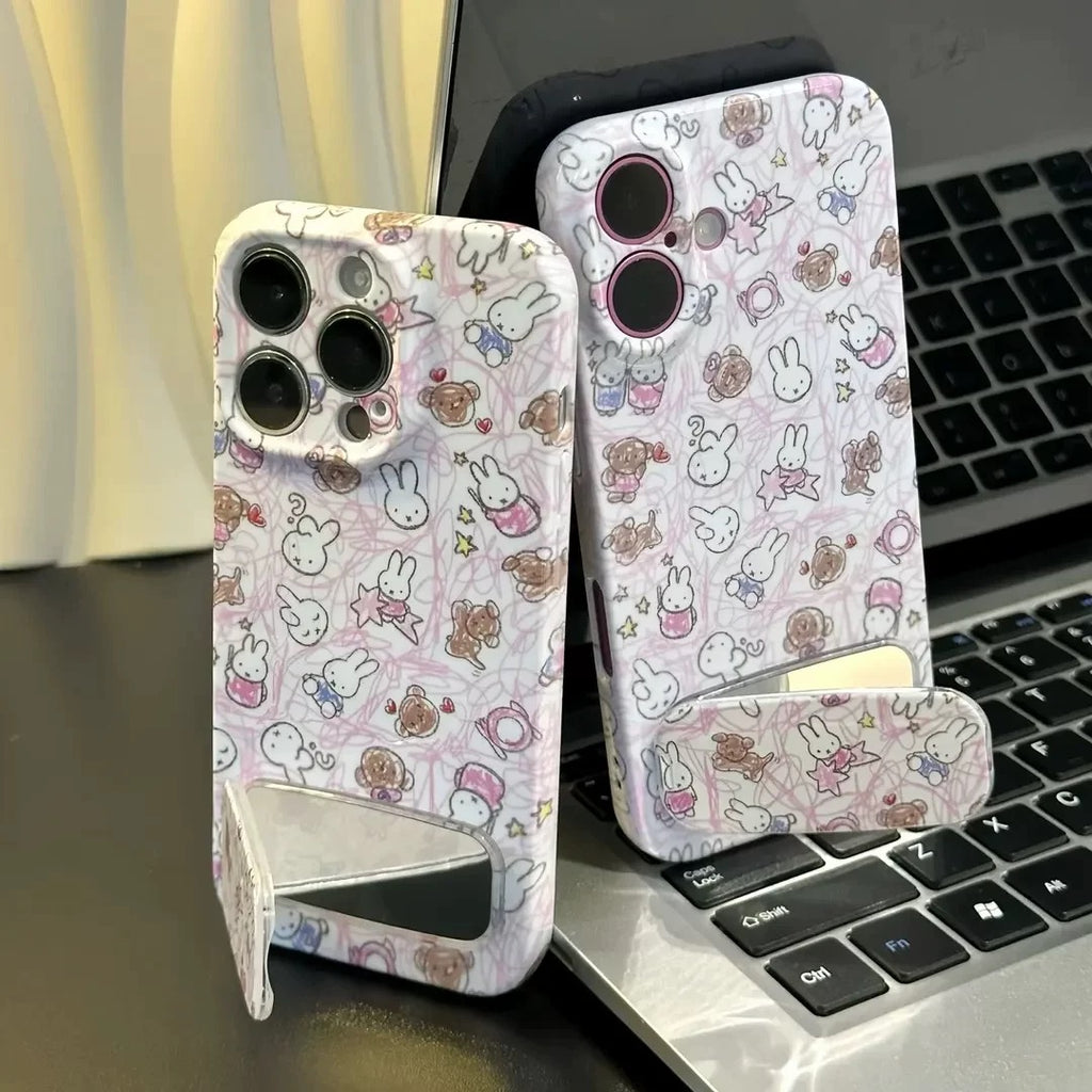 Pink, cute bunny, mirror, stand, phone case