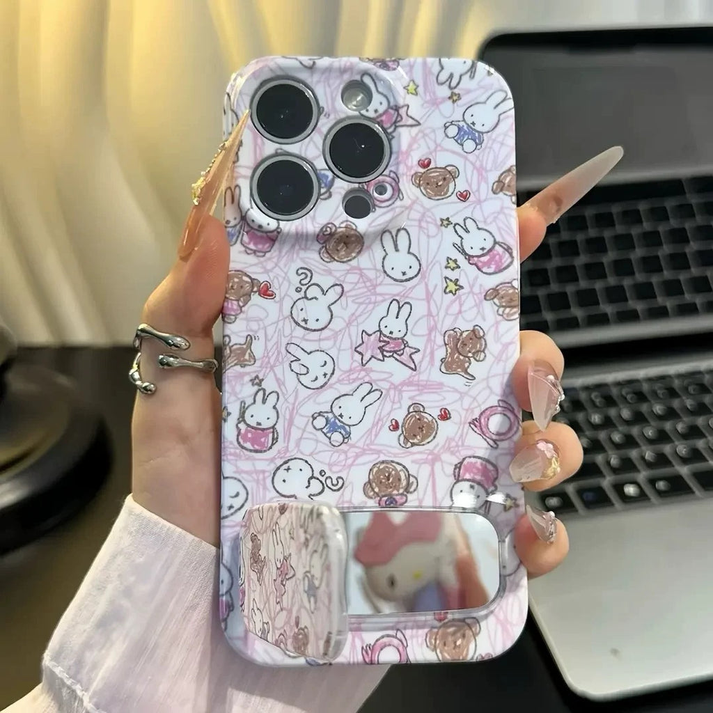 Pink, cute bunny, mirror, stand, phone case