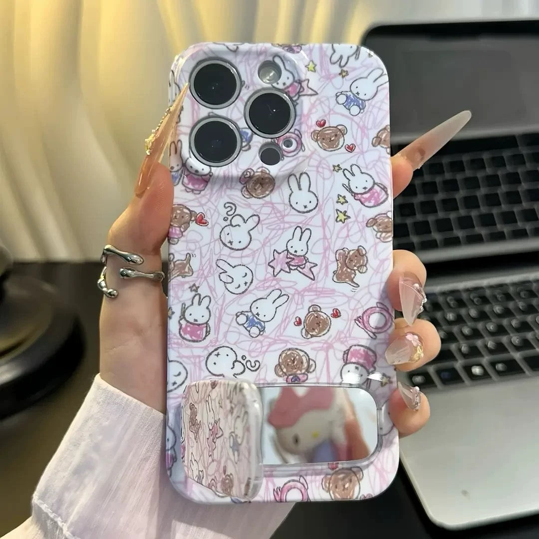 Pink, cute bunny, mirror, stand, phone case