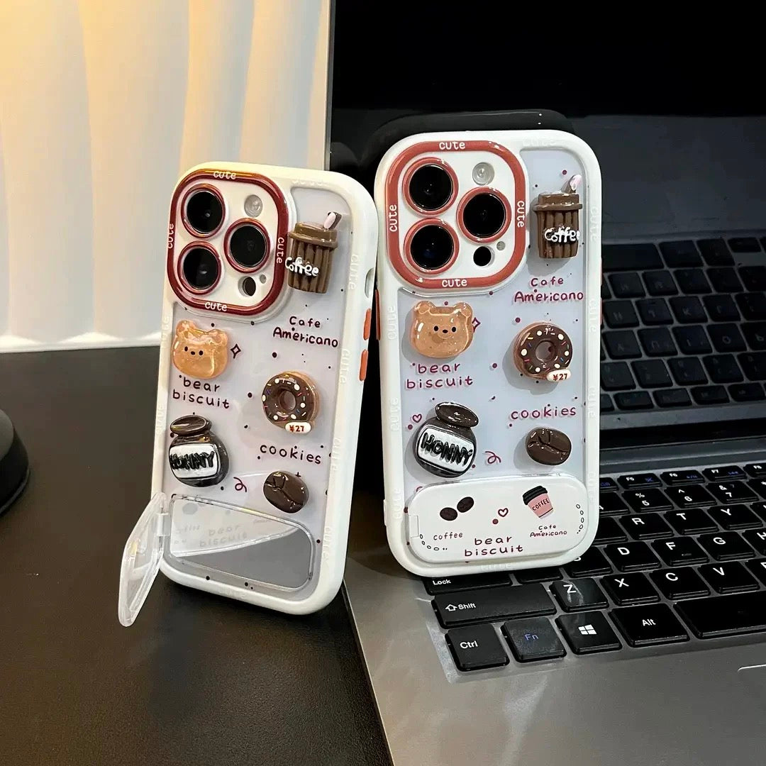 White, brown teddy bear, mirror, stand, phone case