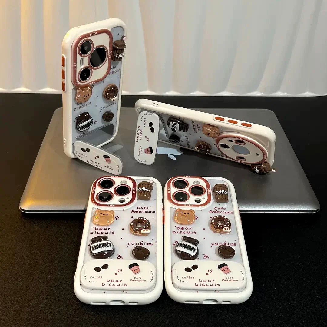 White, brown teddy bear, mirror, stand, phone case
