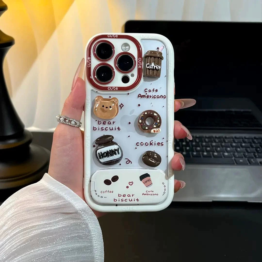 White, brown teddy bear, mirror, stand, phone case
