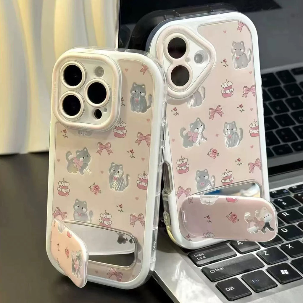 Pinkish-white, cake bow kitten, mirror, stand, phone case