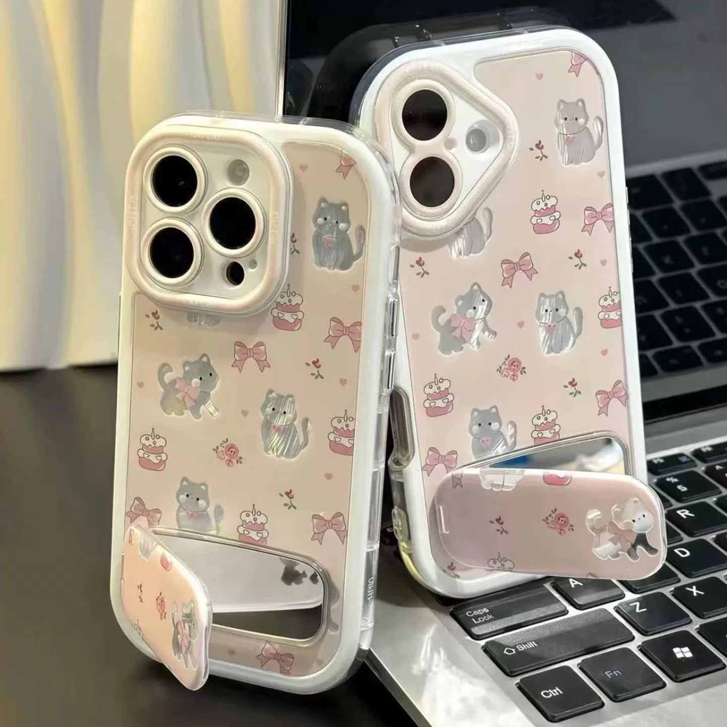 Pinkish-white, cake bow kitten, mirror, stand, phone case
