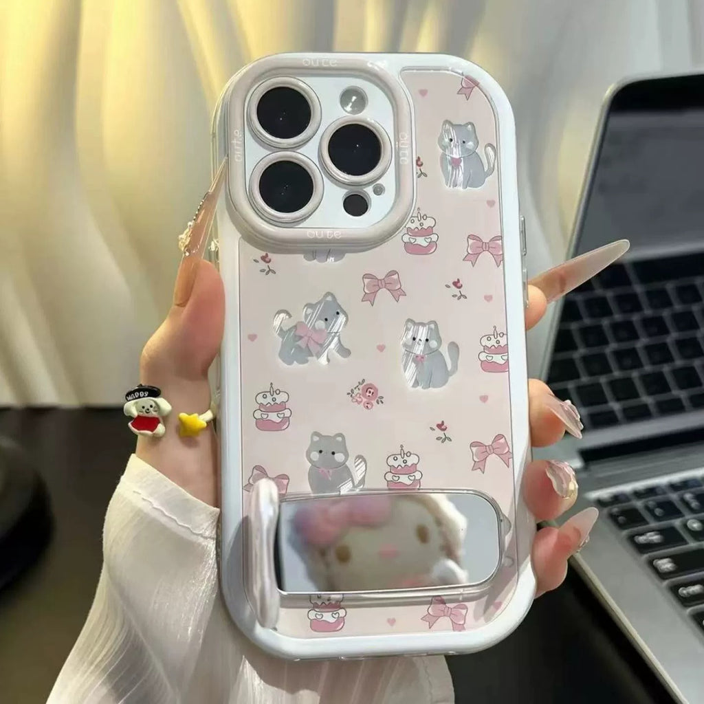 Pinkish-white, cake bow kitten, mirror, stand, phone case