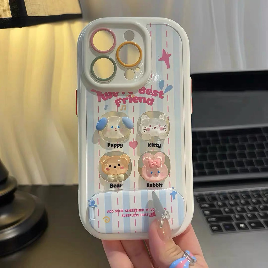 Blue and white, 3D cute dog, mirror, stand, phone case