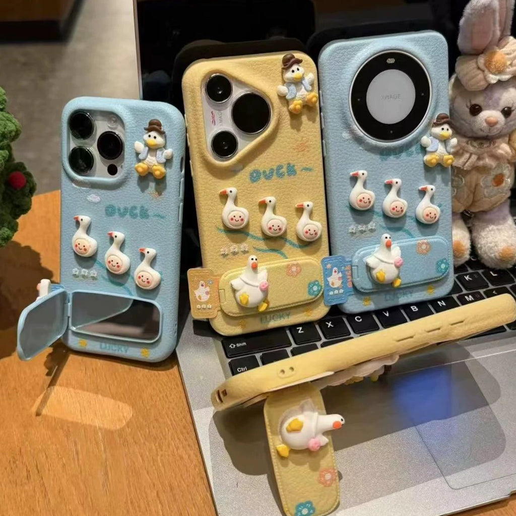 Yellow and blue, 3D ducklings, mirror, stand, phone case