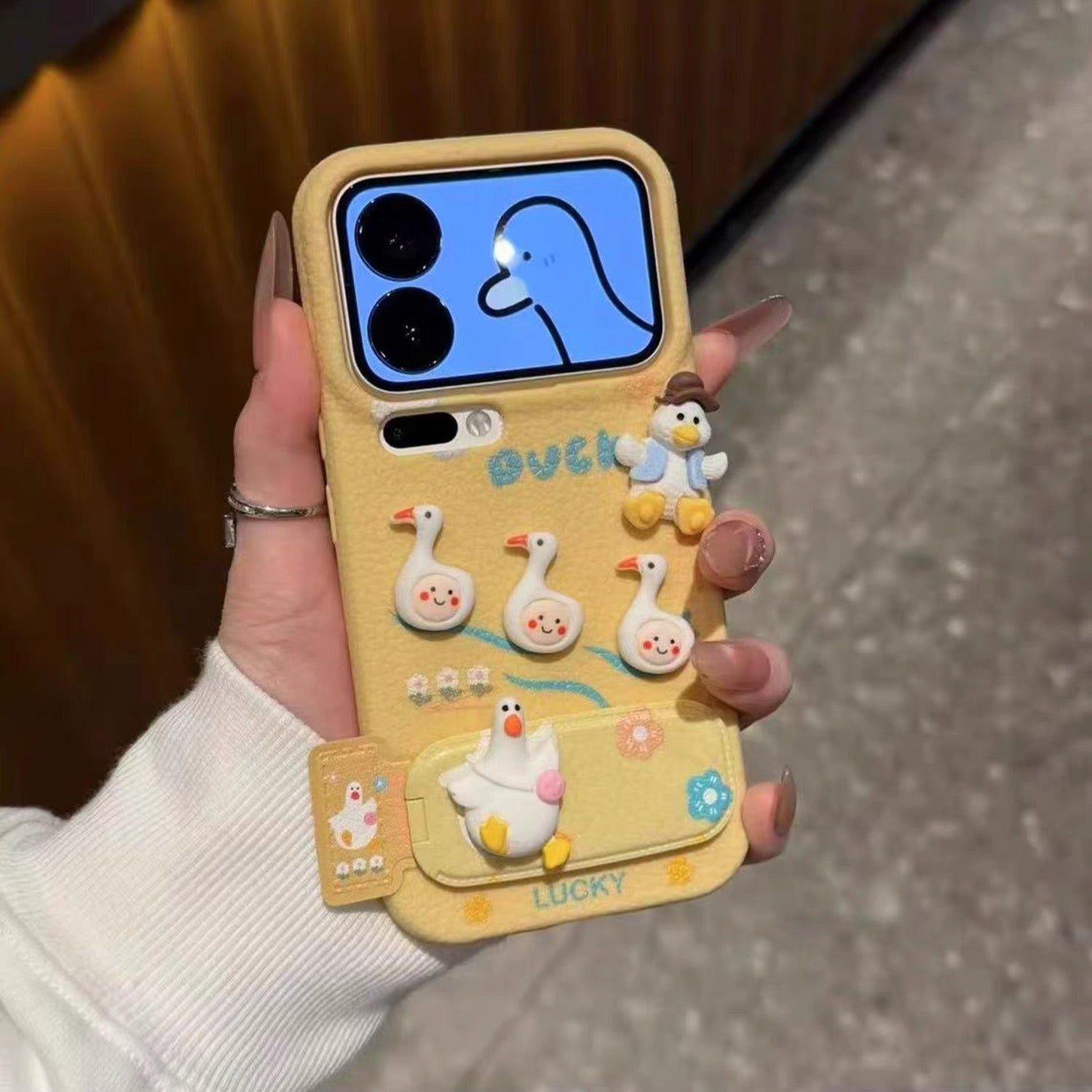 Yellow and blue, 3D ducklings, mirror, stand, phone case