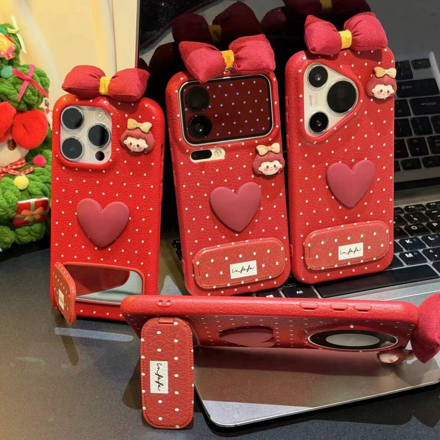 Red, 3D heart, mirror, stand, phone case