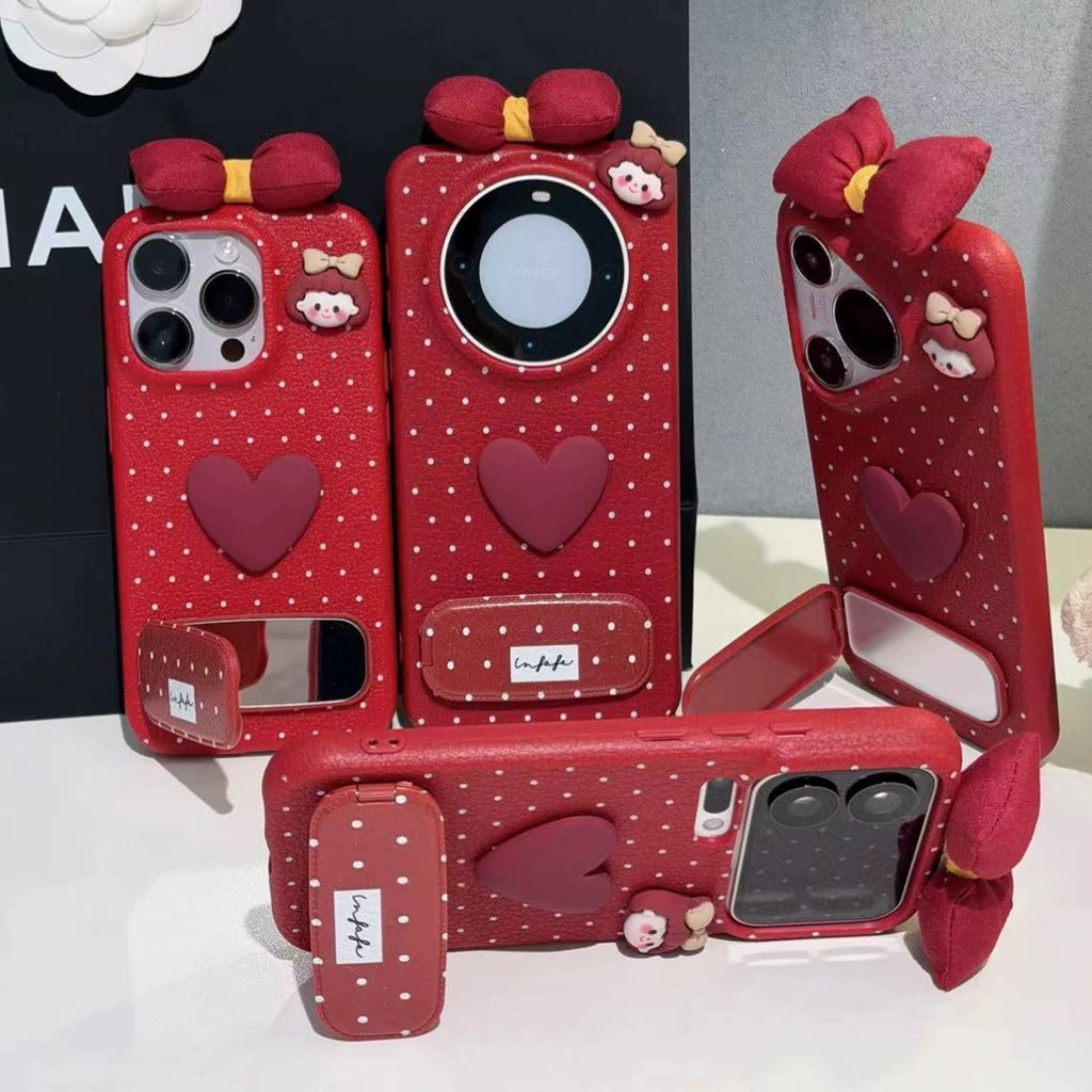 Red, 3D heart, mirror, stand, phone case