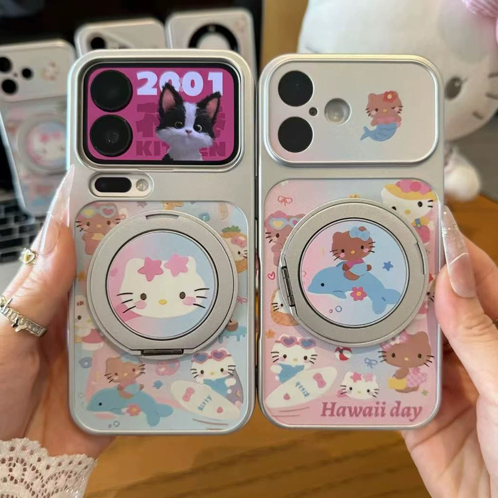 Pink, blue, super cute Beach Kitty, swiveling stand, phone case