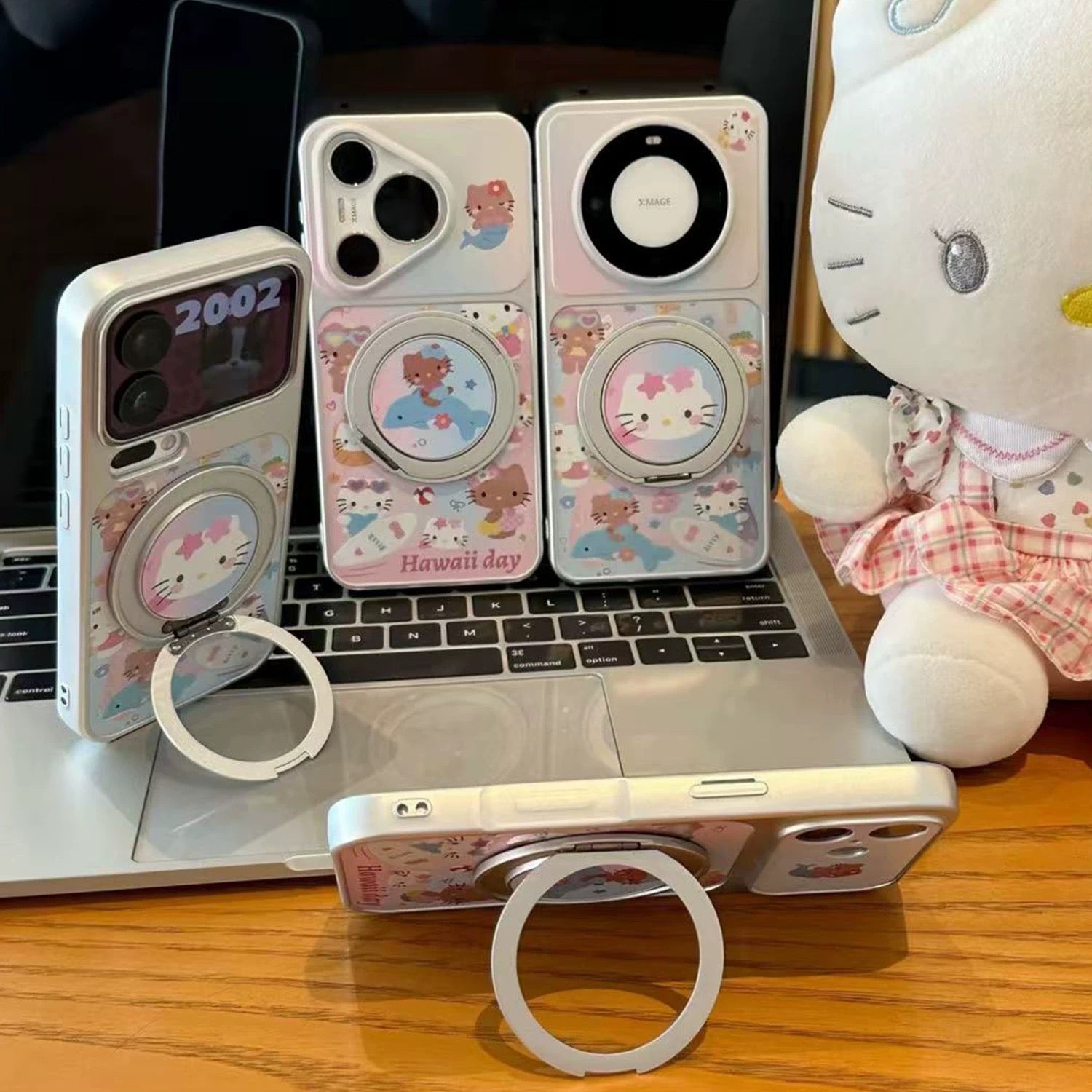 Pink, blue, super cute Beach Kitty, swiveling stand, phone case