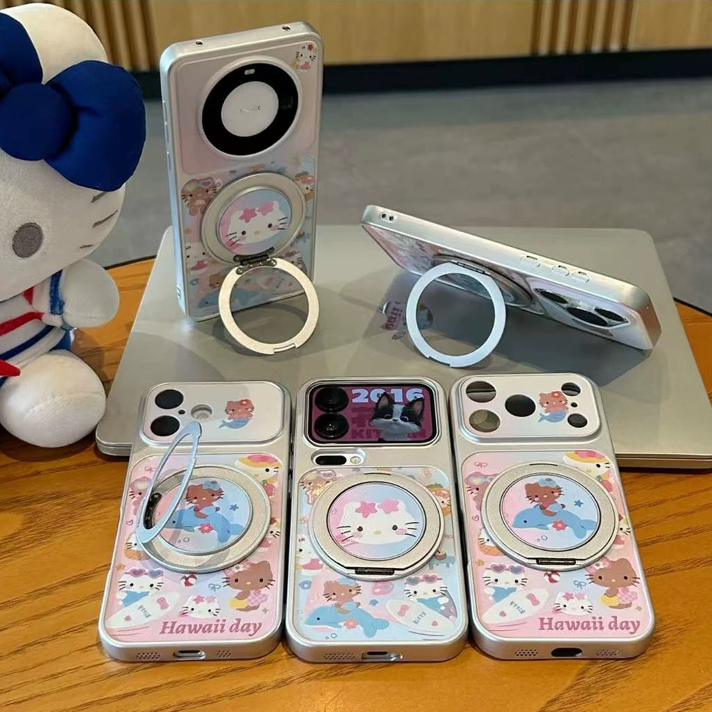 Pink, blue, super cute Beach Kitty, swiveling stand, phone case
