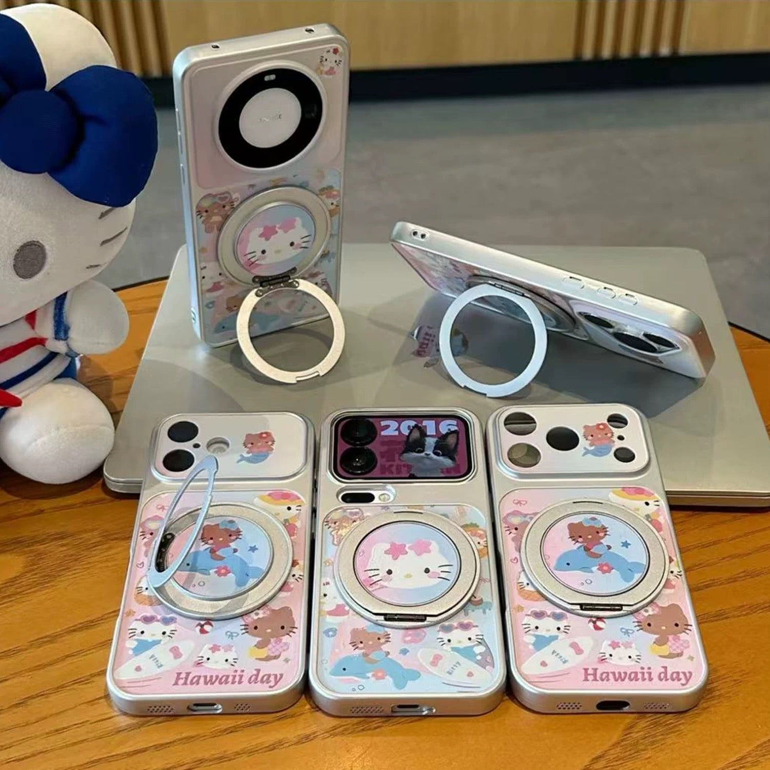 Pink, blue, super cute Beach Kitty, swiveling stand, phone case