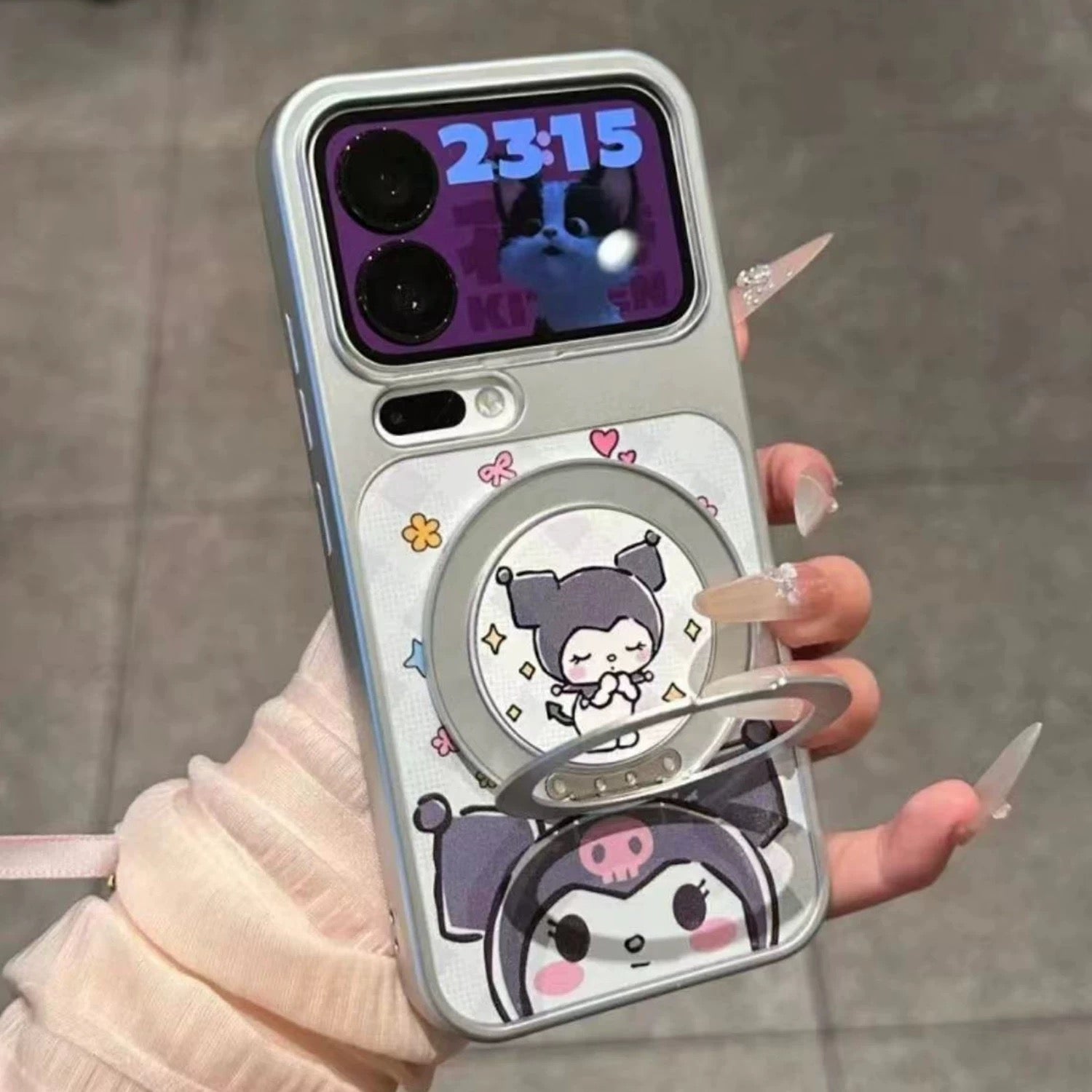 Purple, pink, super cute Kitty Cat, Kuroomi, swiveling stand, phone case
