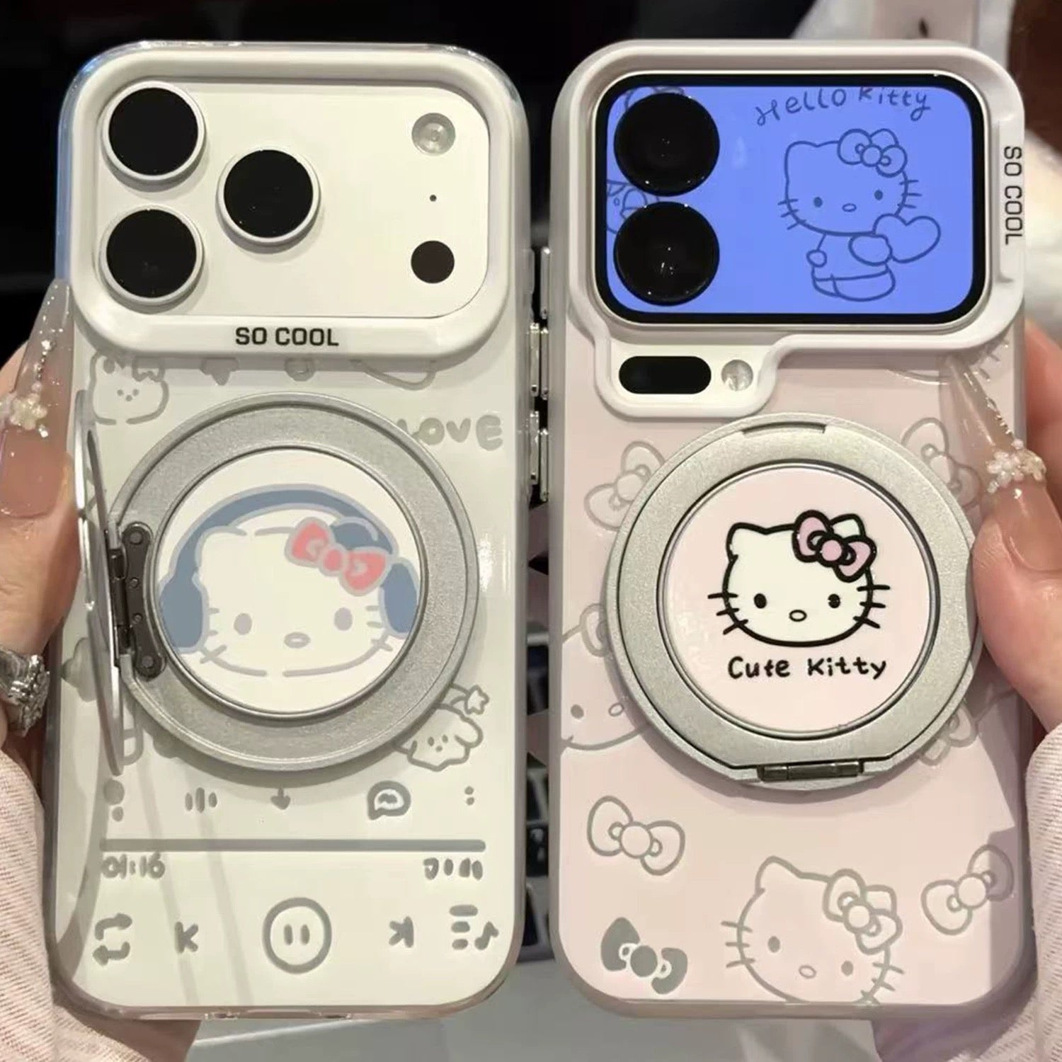 Pink, white, super cute Kitty Cat music headphones with swiveling stand and phone case