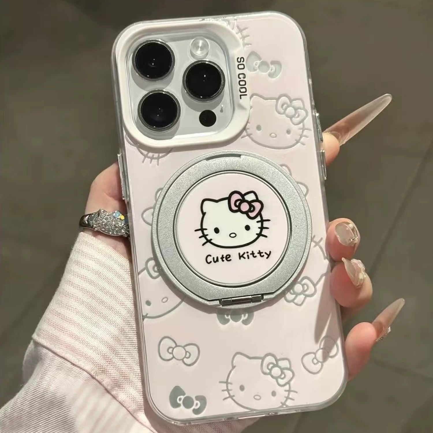 Pink, white, super cute Kitty Cat music headphones with swiveling stand and phone case
