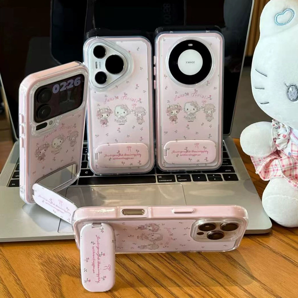 Pink, floral Kitty Cat pattern, mirror, stand, phone case