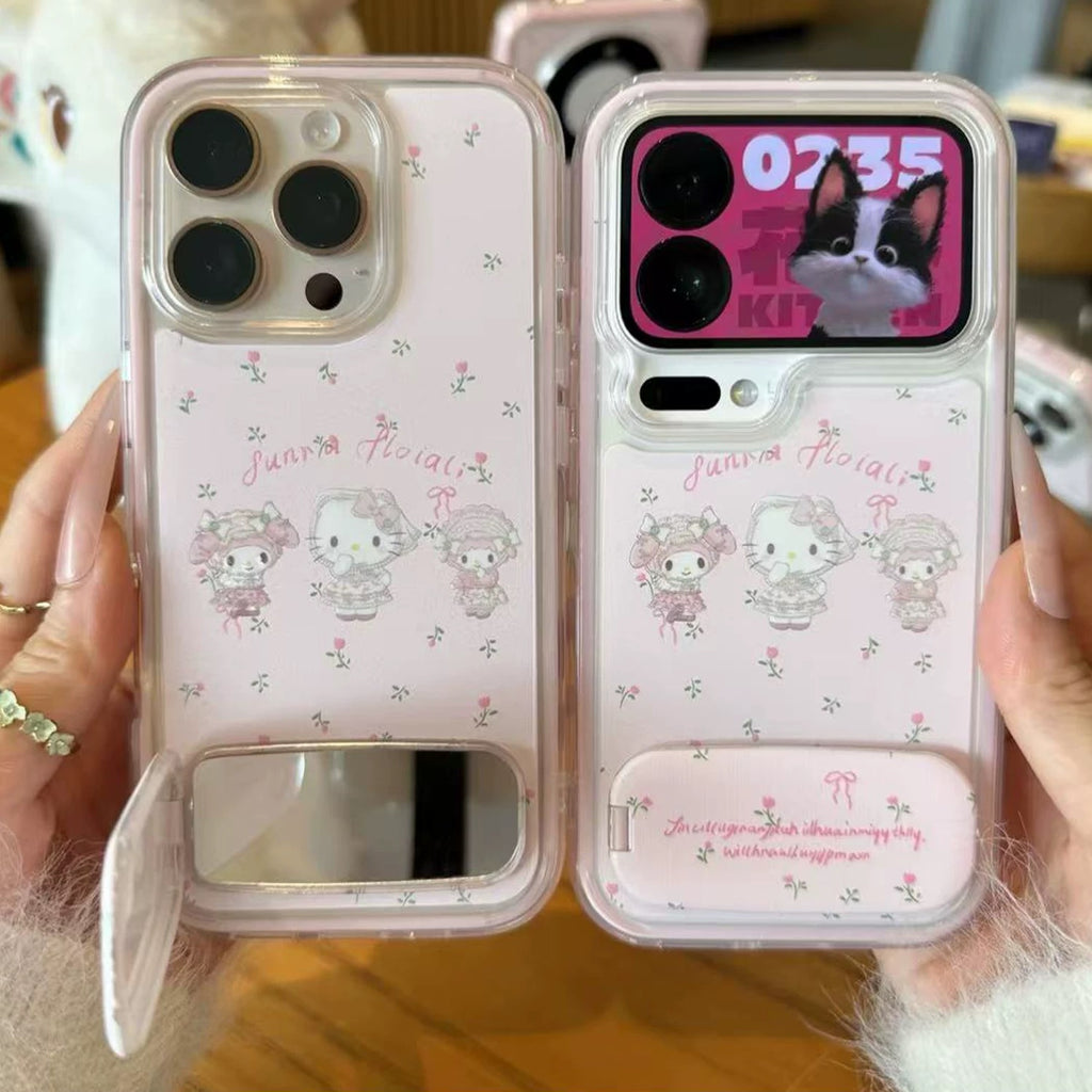 Pink, floral Kitty Cat pattern, mirror, stand, phone case