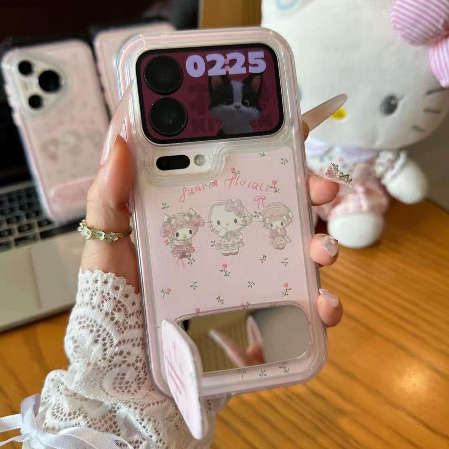 Pink, floral Kitty Cat pattern, mirror, stand, phone case