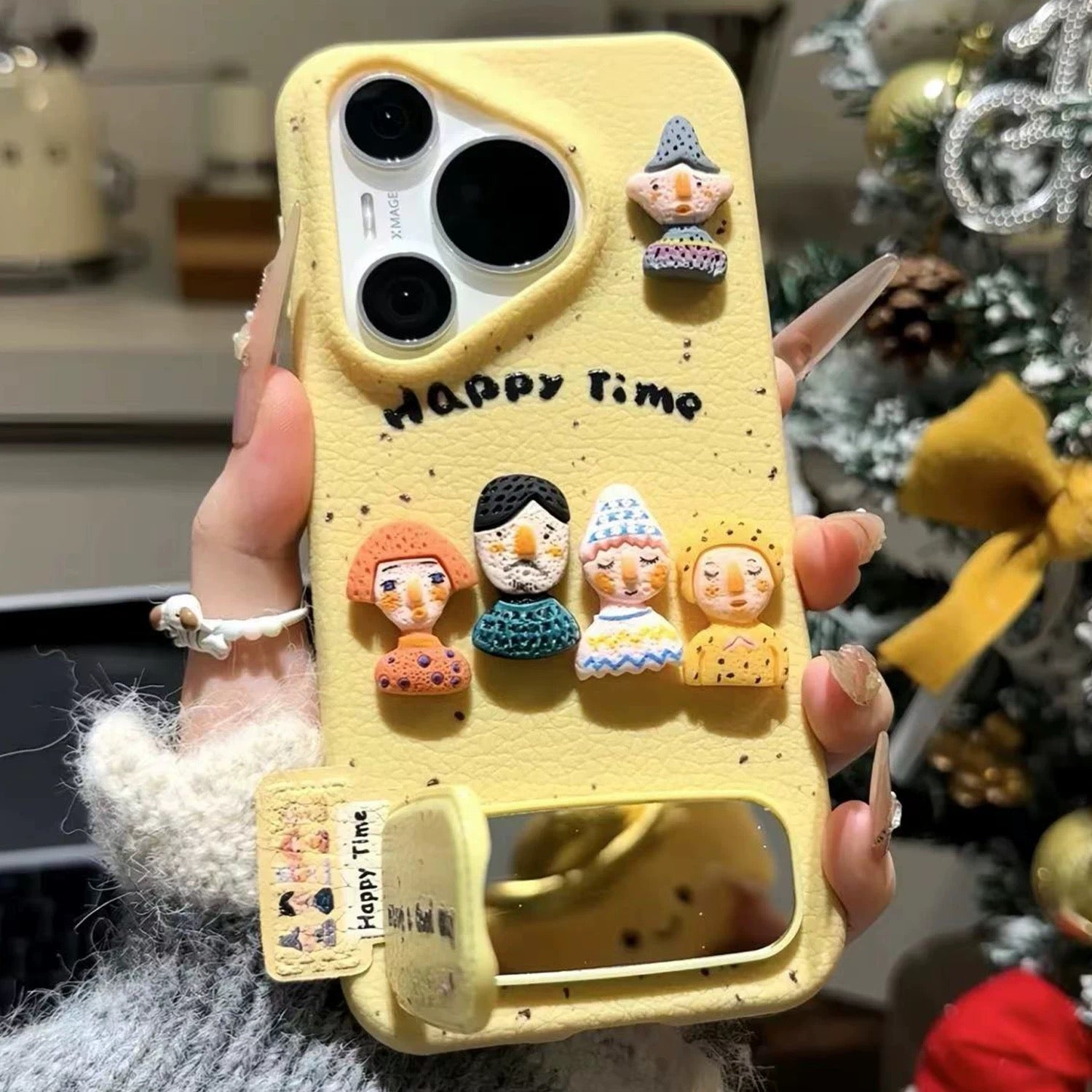 White and yellow, five cute 3D figures, mirror, stand, phone case
