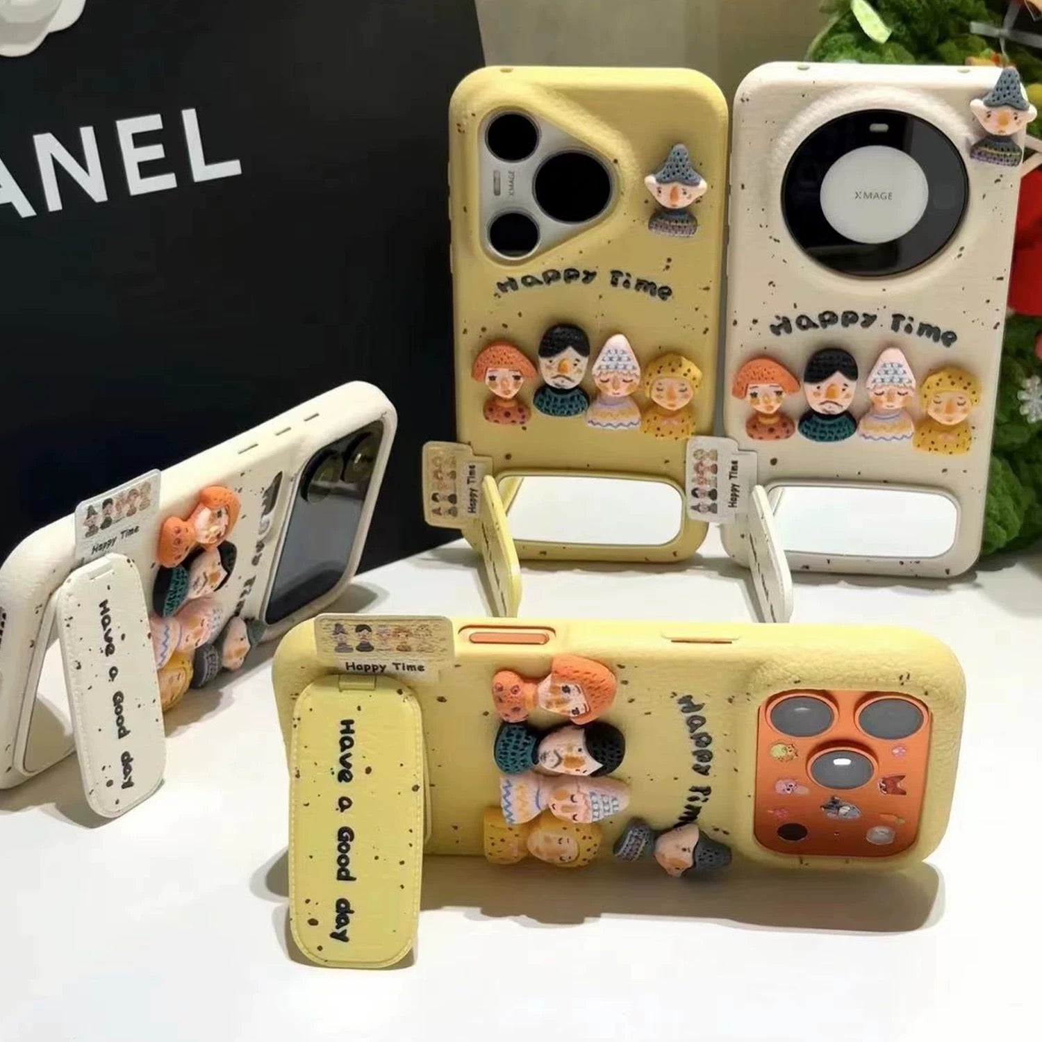 White and yellow, five cute 3D figures, mirror, stand, phone case