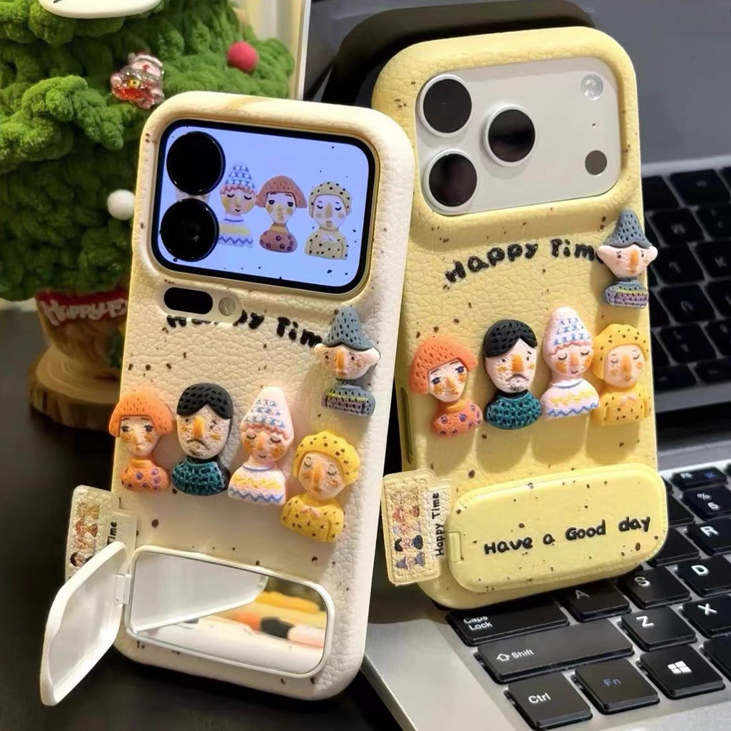White and yellow, five cute 3D figures, mirror, stand, phone case