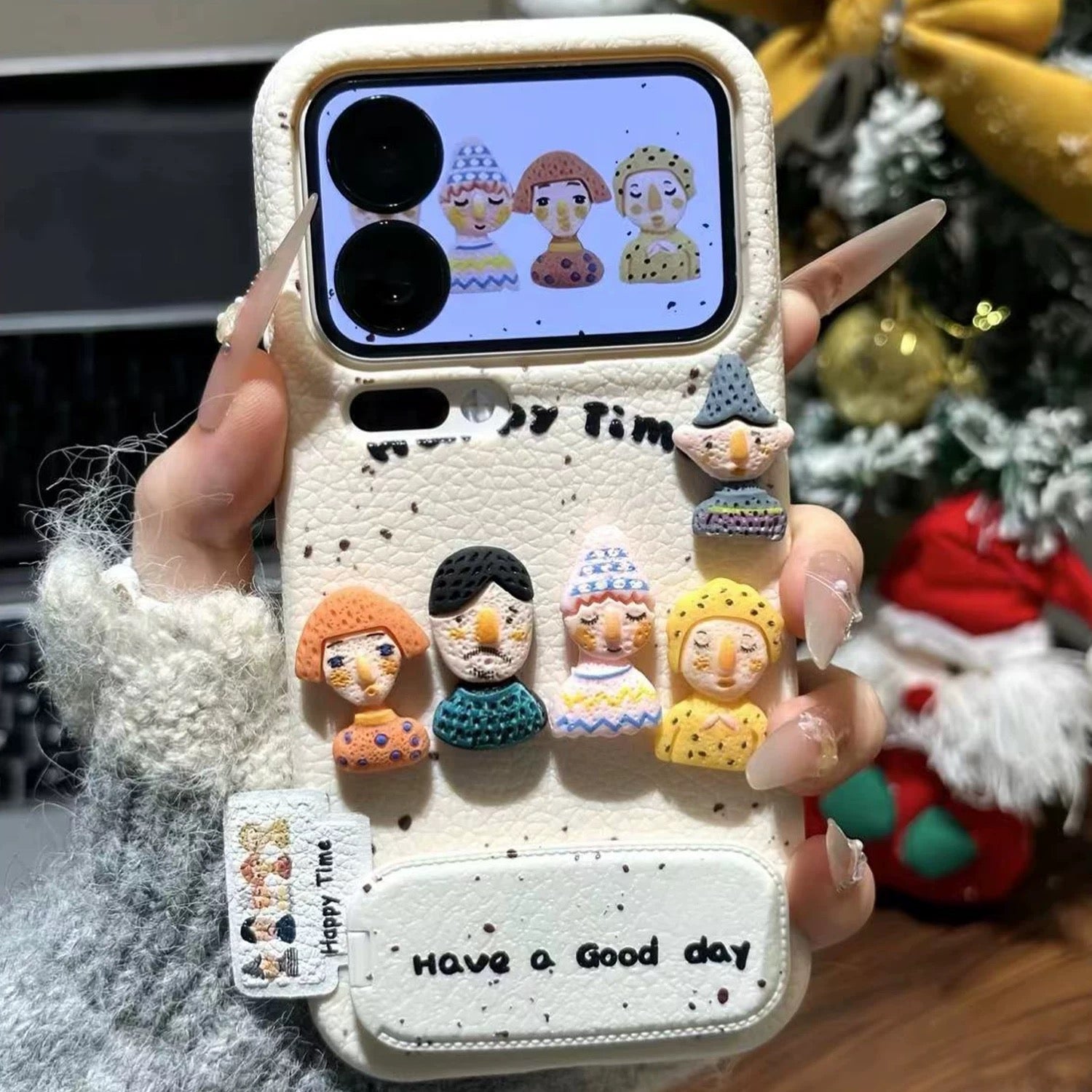 White and yellow, five cute 3D figures, mirror, stand, phone case