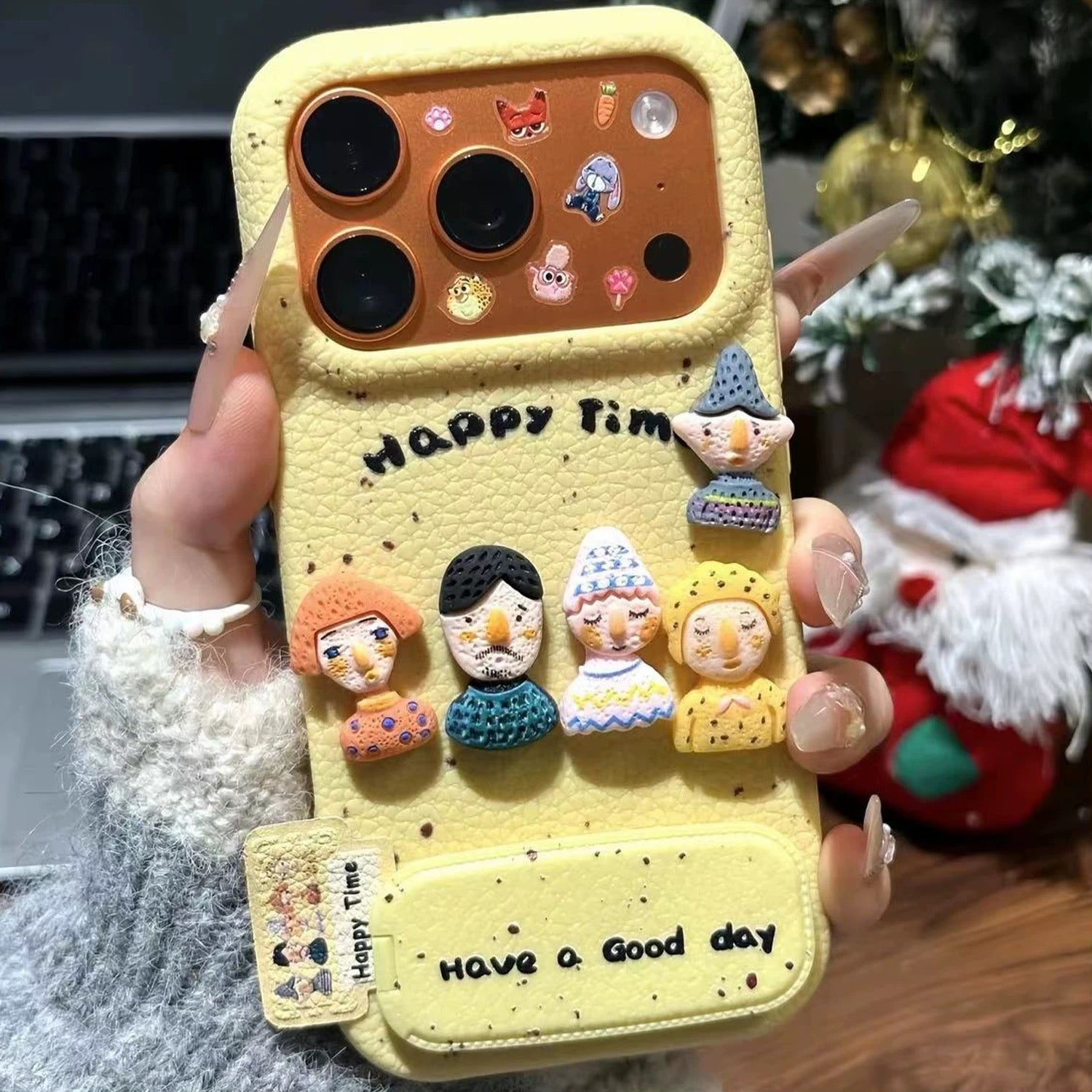 White and yellow, five cute 3D figures, mirror, stand, phone case