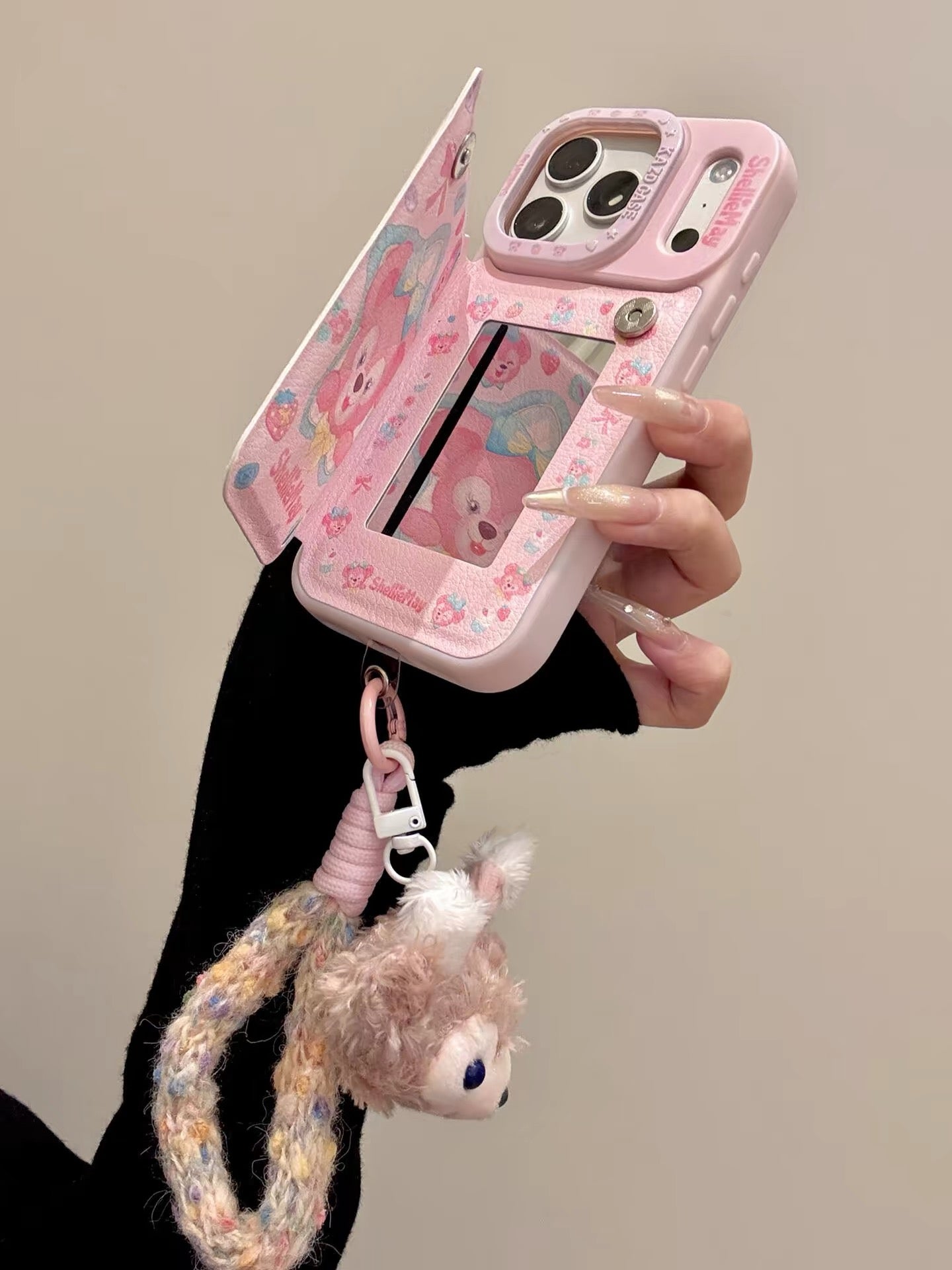 Pink, blue, super cute Duffy bear, Sherry, built-in mirror, flip phone case