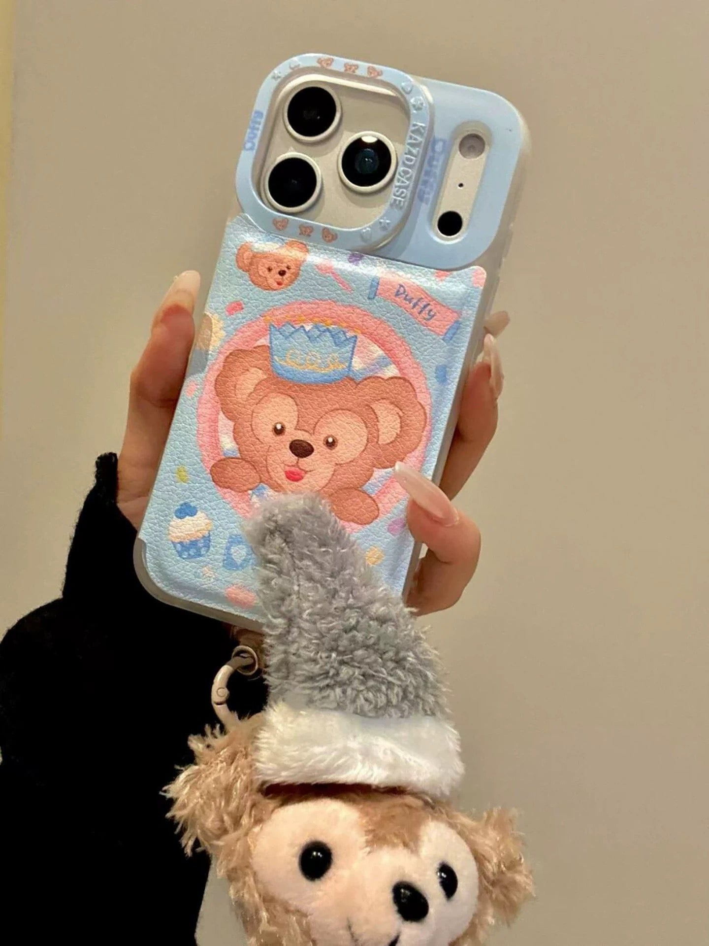 Pink, blue, super cute Duffy bear, Sherry, built-in mirror, flip phone case