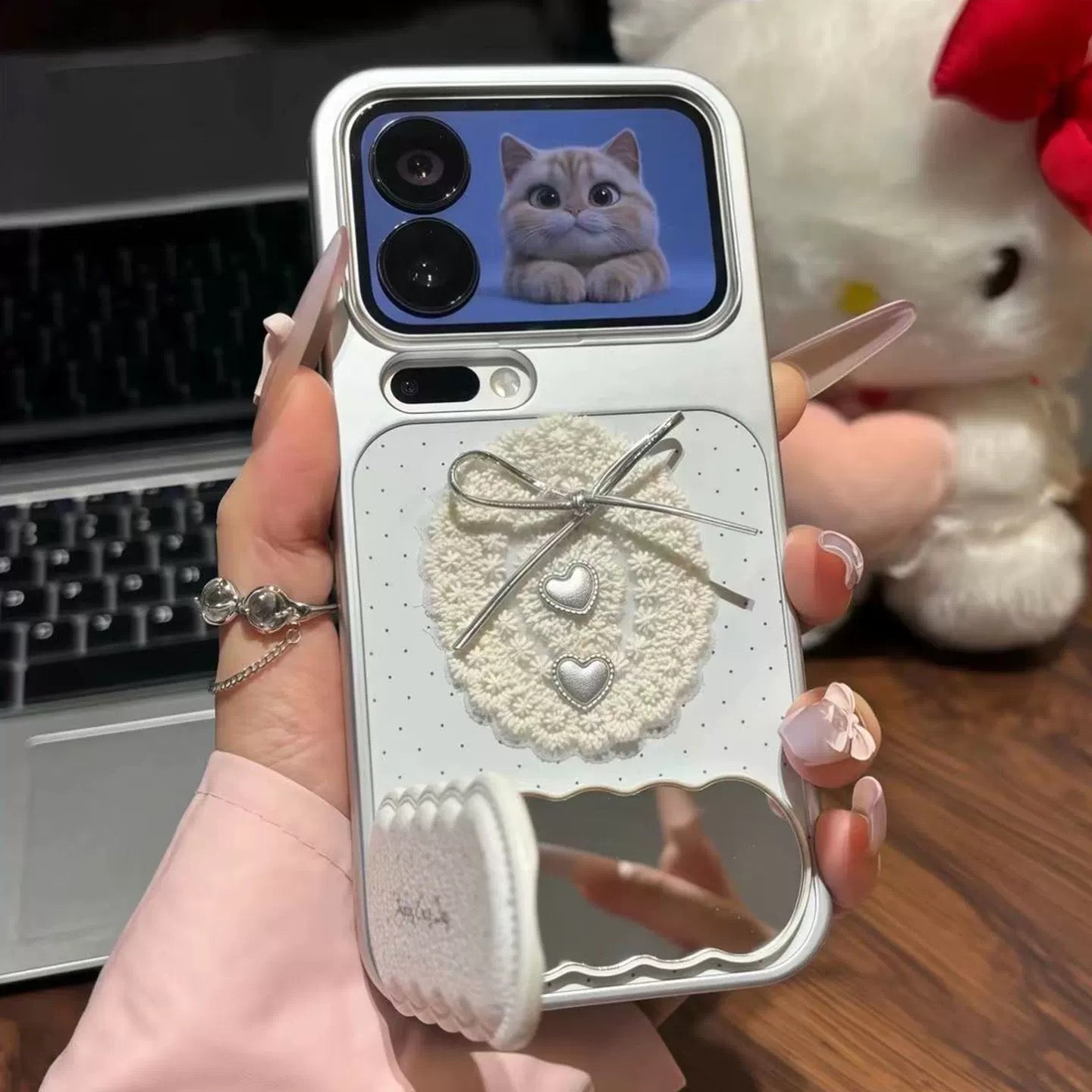 White, polka-dot heart, mirror, stand, phone case