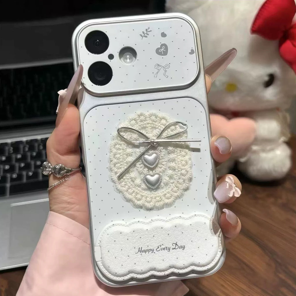 White, polka-dot heart, mirror, stand, phone case