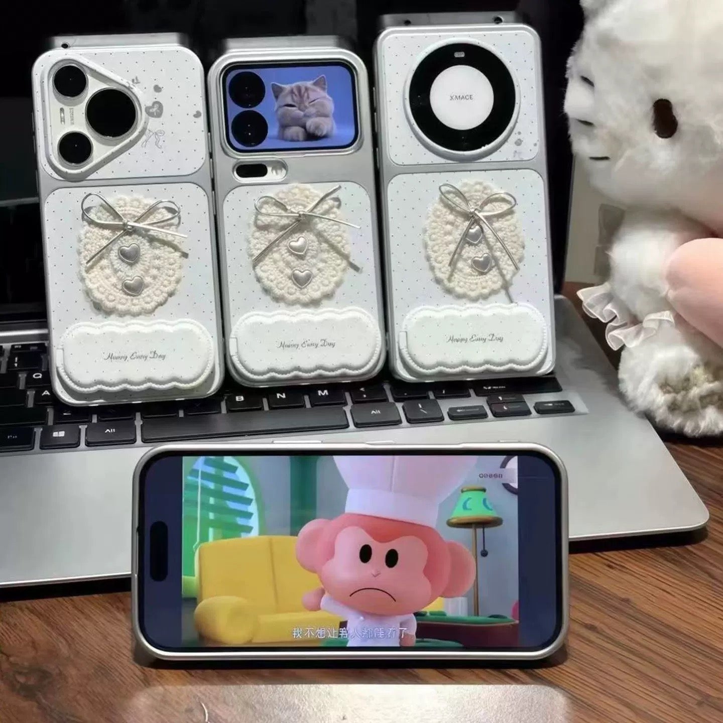 White, polka-dot heart, mirror, stand, phone case
